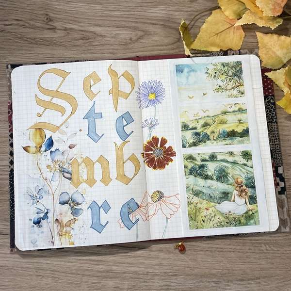 bujo septembre page de garde réalisée avec masking tapes "un rêve chatoyant" et "fleurs glacées"