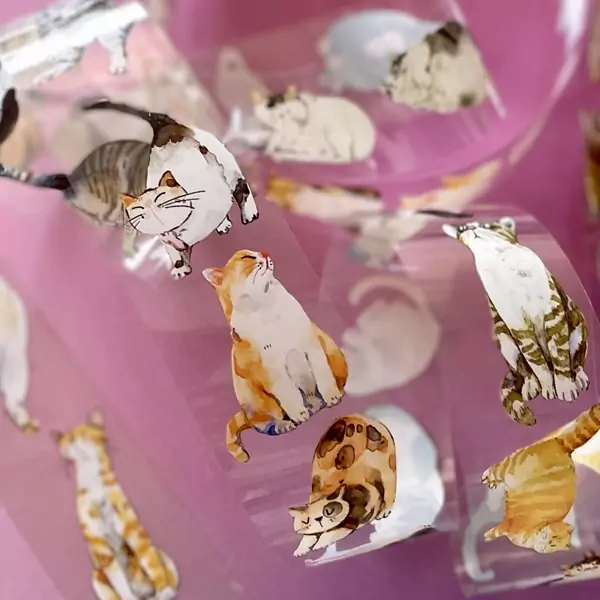 masking tape PET chat Masking tape PET transparent avec illustrations de chats à l’aquarelle, motifs variés