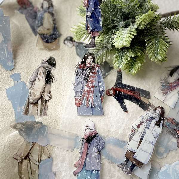 Masking tape PET prédécoupé hiver avec personnages sous la neige, ambiance poétique