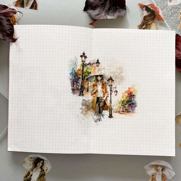 mise en page daily journal automnal avec stickers PET "promenande sous la pluie" et "réverbère au détour d'une rue"