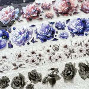 Masking tape PET fleurs roses bleu foncé style gothique pour junk journal et scrapbooking