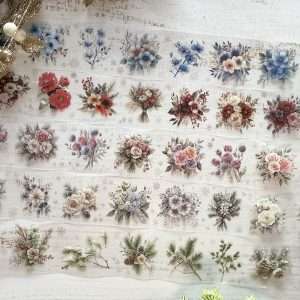 Collection de masking tapes en PET prédécoupés Fleurs d’hiver avec bouquets floraux et feuillages hivernaux