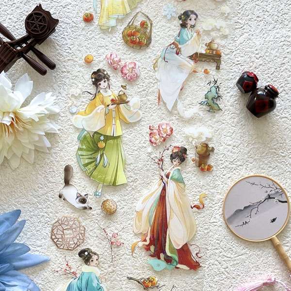 Masking tape PET Le rituel du printemps avec silhouettes féminines, fleurs et motifs asiatiques sur fond clair