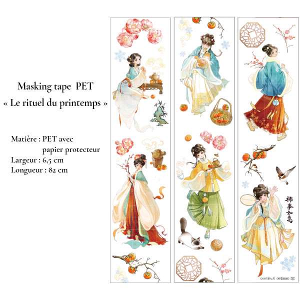 Planche complète du masking tape PET Le rituel du printemps 6,5 cm avec illustrations féminines et motifs printaniers.