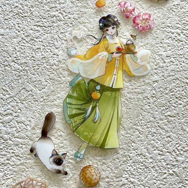 Détail illustration féminine en tenue traditionnelle sur masking tape PET transparent Le rituel du printemps.