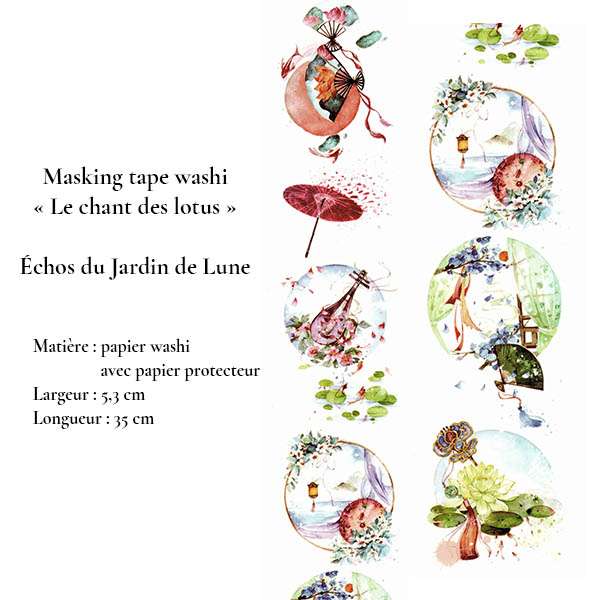 Masking tape washi « Échos du Jardin de Lune » : scènes circulaires avec lotus, ombrelle et paysages, largeur 5,3 cm.