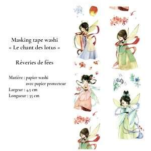 Masking tape washi « Rêveries de fées » : personnages féeriques en tenue inspirée d’Asie et motifs floraux, largeur 4,5 cm.
