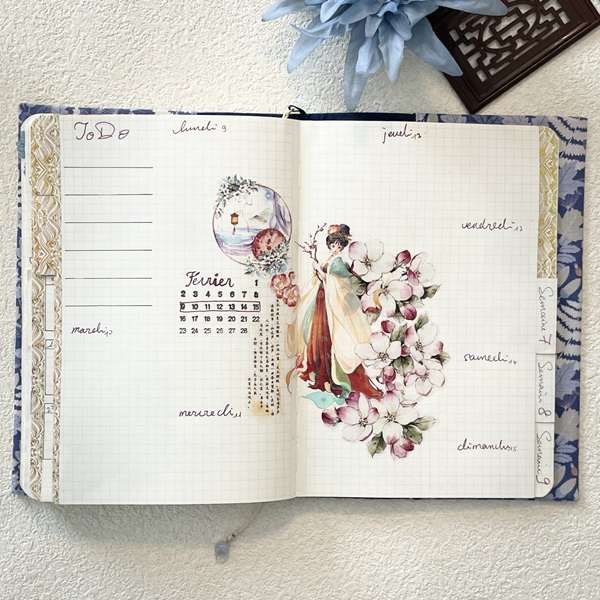 Décoration planner avec masking tape PET floral asiatique Le rituel du printemps, grande illustration féminine et fleurs.