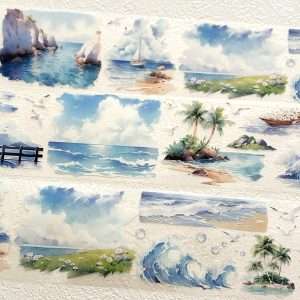 Motifs du masking tape PET Au bord de la mer avec vagues, plage, palmiers et paysages marins