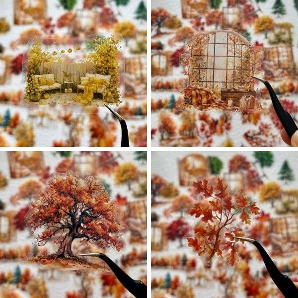 Gros plans sur les stickers PET Tableau d'automne représentant un jardin cosy, une fenêtre arrondie, un arbre flamboyant et une branche de feuilles rouges.