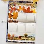 Page de journaling aux couleurs d'automne avec stickers feuilles d'érable rouges et orangées, illustrations de paysages et décoration vintage.