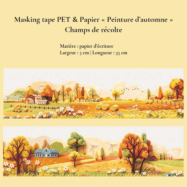 Masking tape en papier Champs de récolte de 5 cm illustrant une campagne automnale avec champs dorés, maisons et arbres colorés.