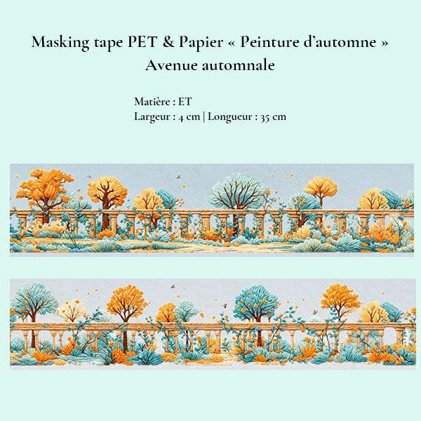 Masking tape PET Avenue automnale avec arbres orange et turquoise, feuilles d’automne et balustrade illustrée.