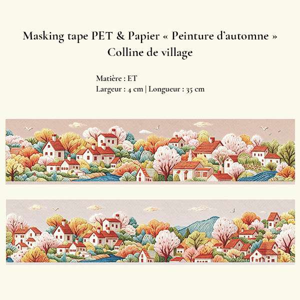 Masking tape PET Colline de village de 4 cm avec petites maisons aux toits rouges, collines et arbres aux feuillages roses.