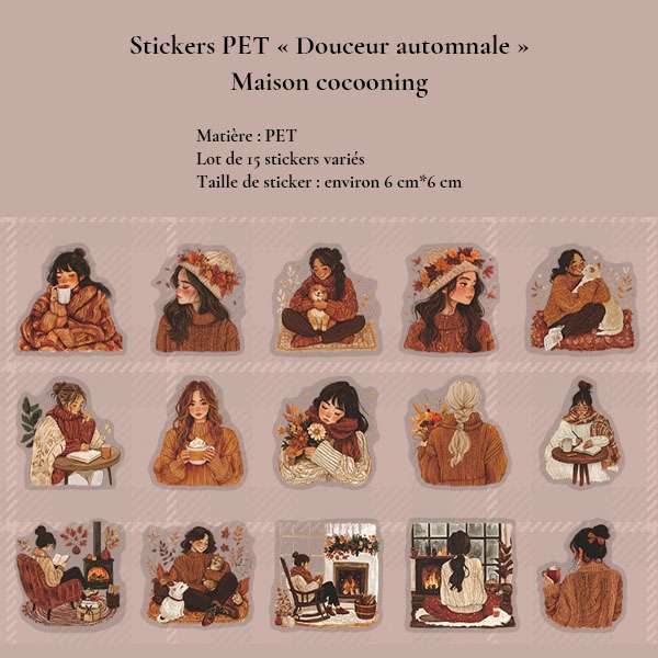 Lot de 15 stickers PET Maison cocooning avec illustrations de femmes en pulls douillets, animaux et scènes au coin du feu.