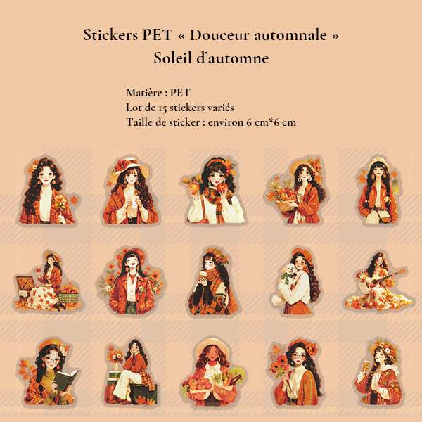 Lot de 15 stickers PET Soleil d'automne illustrant des jeunes femmes, bouquets de fleurs et tenues aux couleurs automnales.