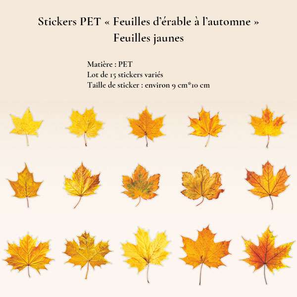 Lot de 15 stickers transparents PET feuilles d'érable jaunes et dorées pour décoration de bullet journal et carnet créatif.