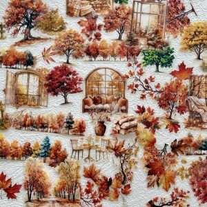 Stickers PET Tableau d'automne représentant des arbres colorés, fenêtres vintage, jardins et feuilles d'automne à l'aquarelle.