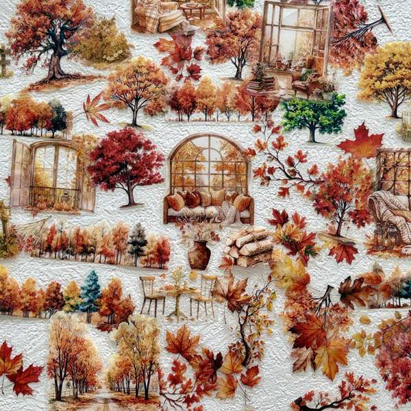 Stickers PET Tableau d'automne représentant des arbres colorés, fenêtres vintage, jardins et feuilles d'automne à l'aquarelle.