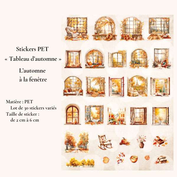Collection L'automne à la fenêtre de 30 stickers PET illustrant des fenêtres anciennes, intérieurs cosy et paysages automnaux à l'aquarelle.