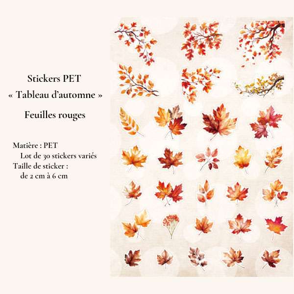 Collection Feuilles rouges de 30 stickers PET transparents représentant des branches et feuilles d'automne rouges, orange et dorées à l'aquarelle.