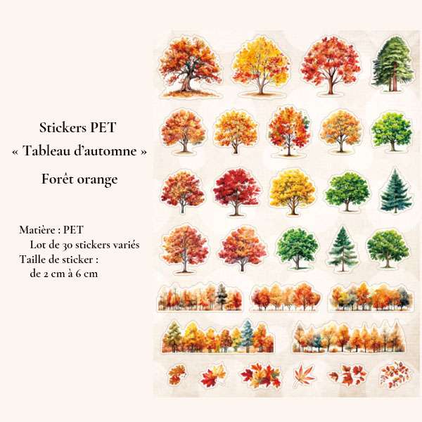 Collection Forêt orange de 30 stickers PET représentant des arbres et paysages forestiers aux feuillages jaunes, orange, rouges et verts.