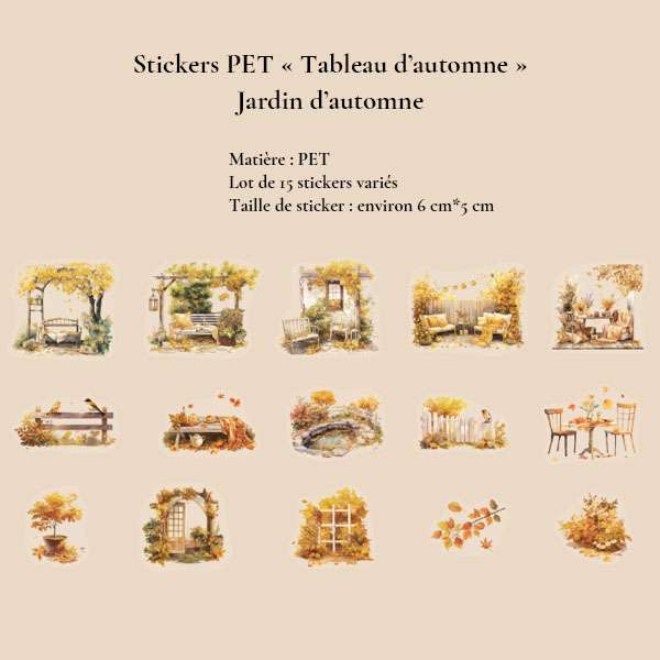 Collection Jardin d'automne de 15 stickers PET représentant des bancs, pergolas, clôtures et petits jardins aux feuillages dorés.